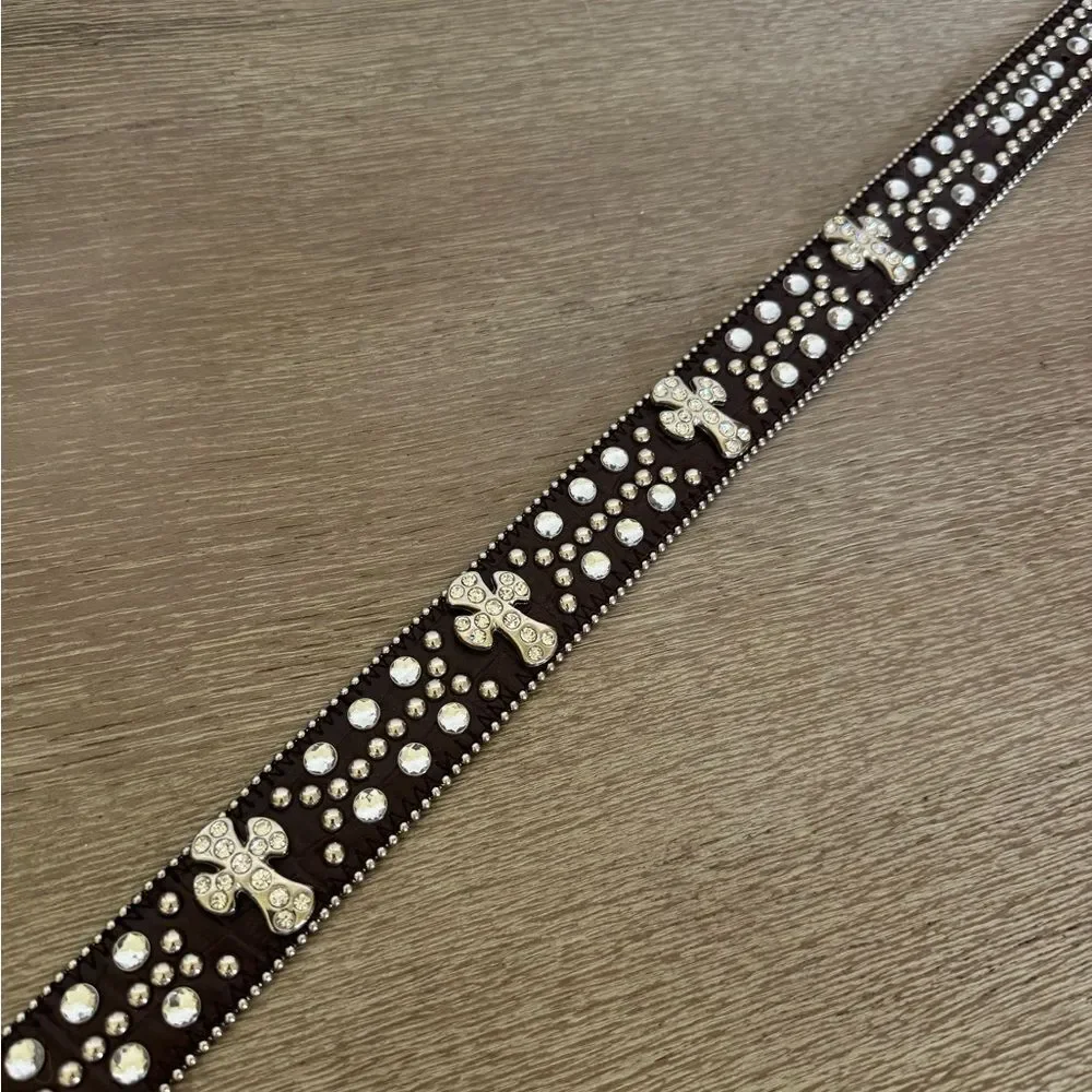 Crystal Rhinestone Silver Buckle Brown Cross Belt S/M